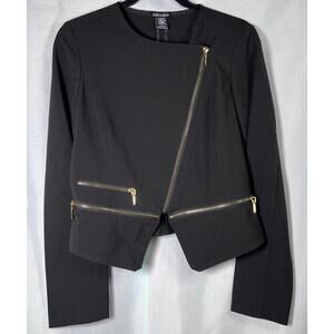 Stoosh Black Asymmetrical Zipper Jacket with Gold Accents